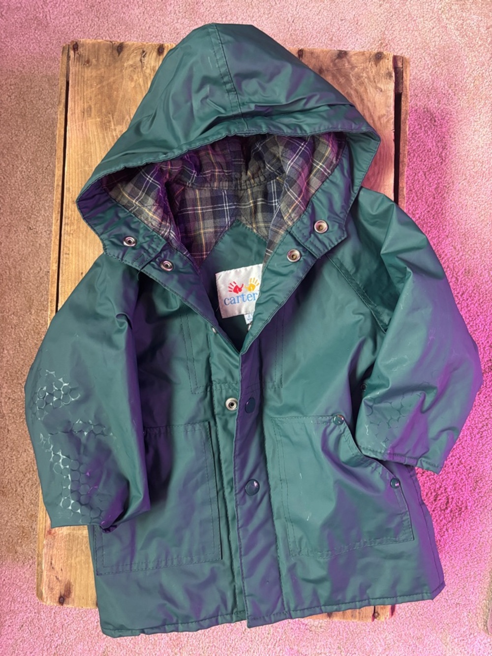 Vintage Carter’s Toddler Rain Coat Jacket Green Button up Hooded, 90s